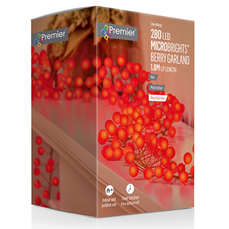 Premier Red Berry Pin Wire Garland with Warm White 280L