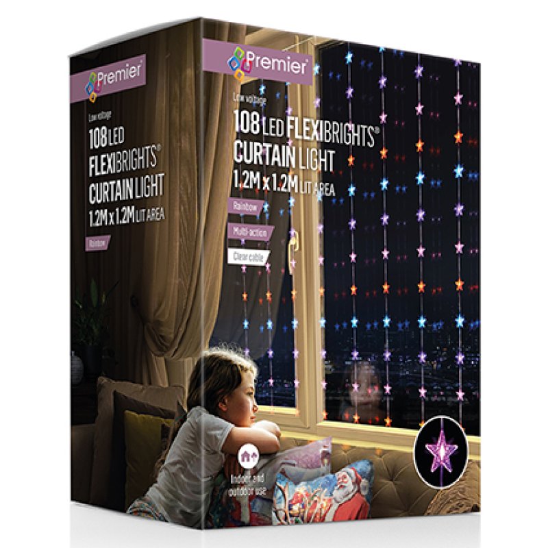Premier 1.2m x 1.2m Flexbrights star curtain light with 108 rainbow multi-coloured LEDs