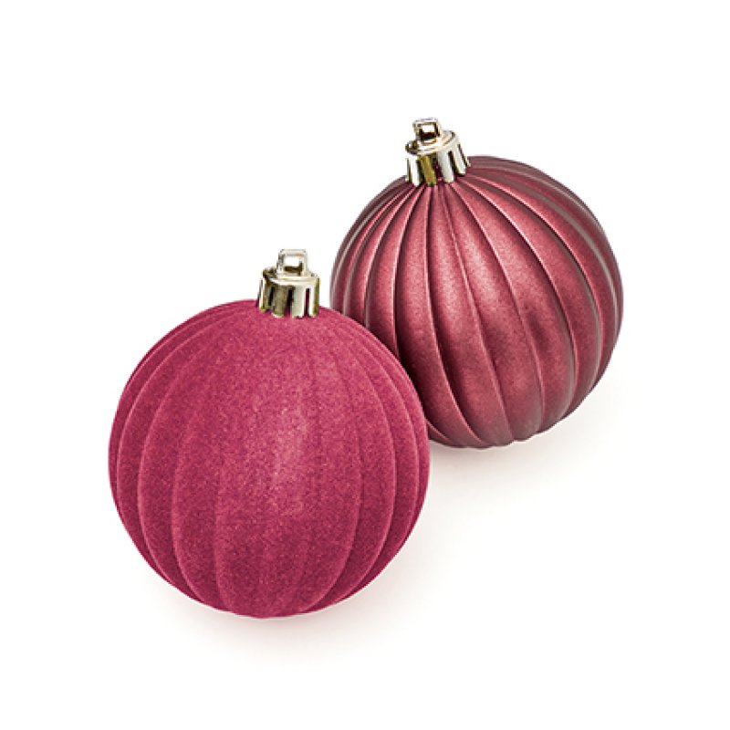 Premier 4 x 80mm Plum Flock and Matt Pumpkin Shatterproof Baubles hanging on a pine Christmas tree