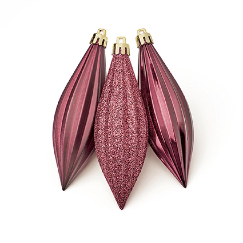 Premier 6 x 11cm Plum Shatterproof Drop Ornaments hanging on a pine Christmas tree branch