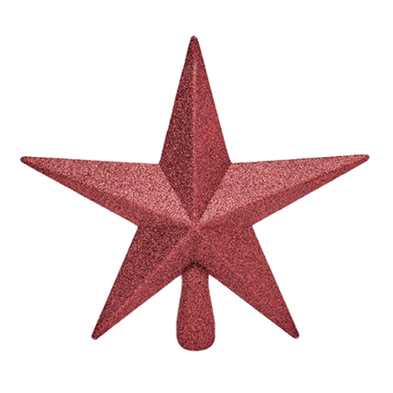 Premier 20cm Tree Top Shatterproof Star with glitter finish mounted on top of a pine Christmas tree<