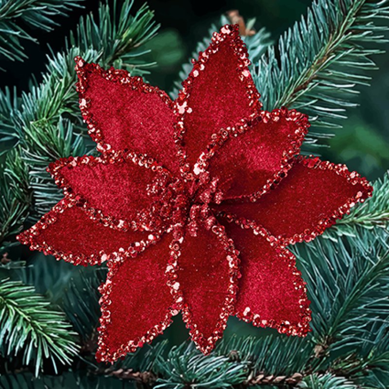 Premier Burgundy Velvet Poinsettia with Glitter Edge Clip-On 20cm clipped onto a Christmas tree branch