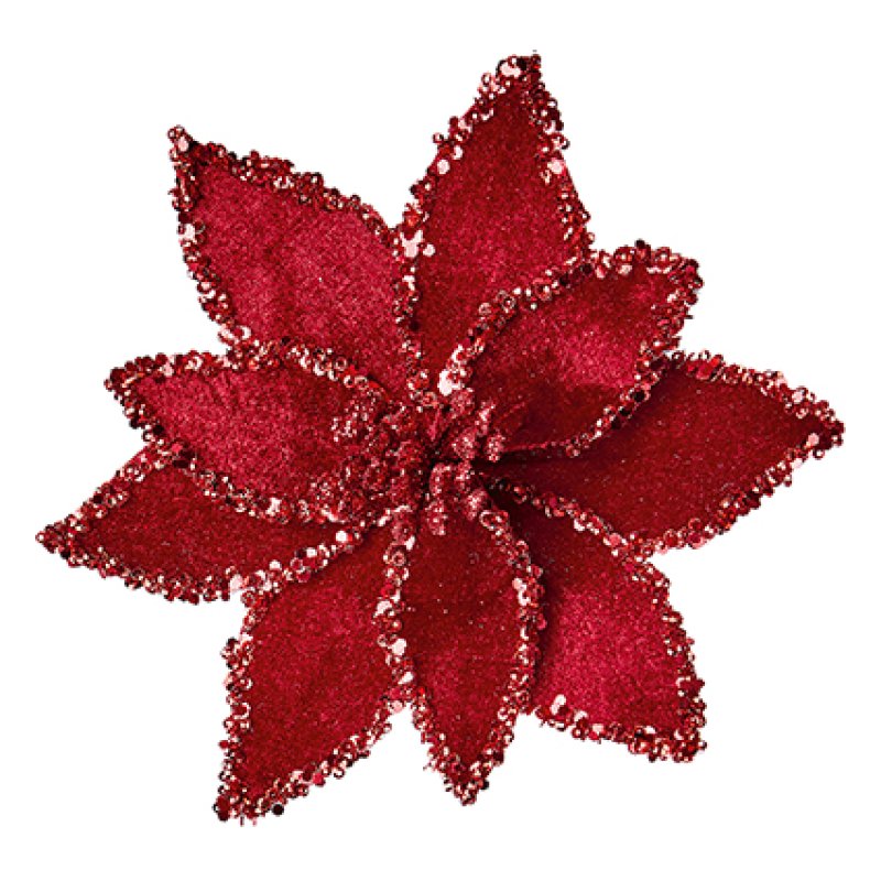 Premier Burgundy Velvet Poinsettia with Glitter Edge Clip-On 20cm clipped onto a Christmas tree branch