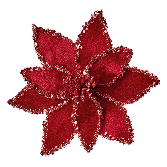 Premier Burgundy Velvet Poinsettia with Glitter Edge Clip-On 20cm clipped onto a Christmas tree branch