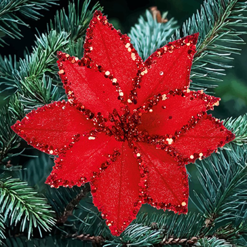Premier Red Beaded Poinsettia Clip-On 20cm decoration clipped onto a Christmas tree branch