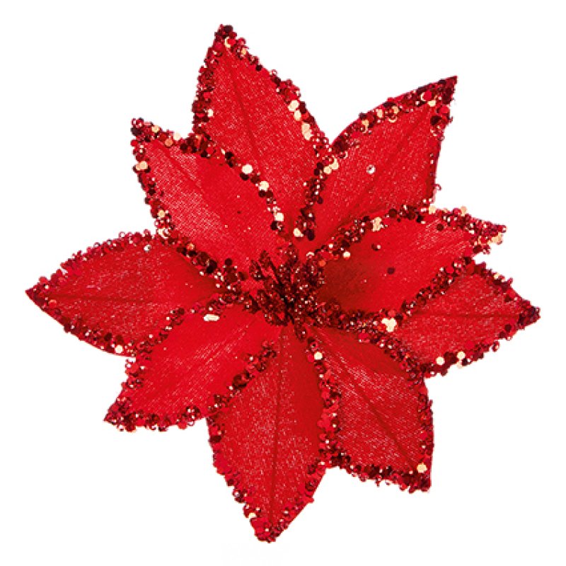 Premier Red Beaded Poinsettia Clip-On 20cm decoration clipped onto a Christmas tree branch