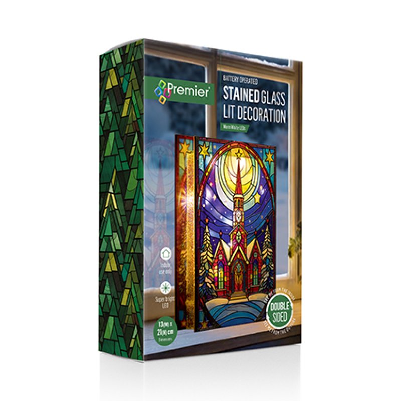 Premier battery operated lit church ornament with star stained glass windows