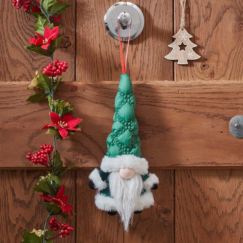 Smart Garden Green Quilted Santa Gonk hanging pendant ornament with soft white beard and green hat