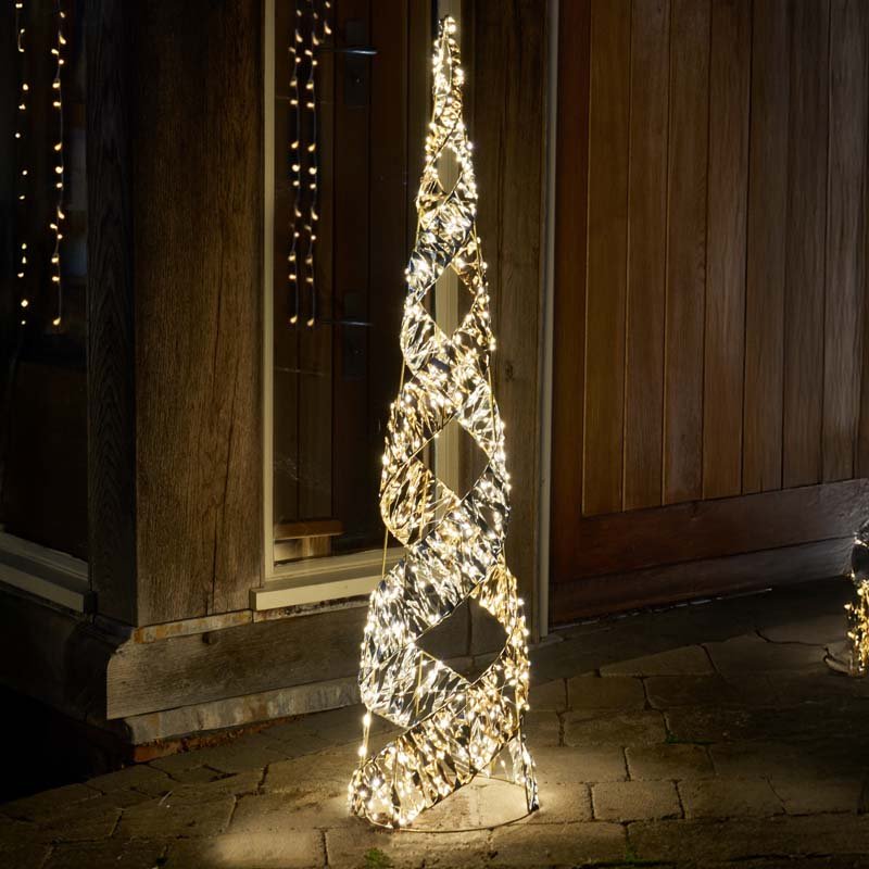Smart Garden 120cm silver gilt helix treebelisk outdoor Christmas light illuminated in a garden