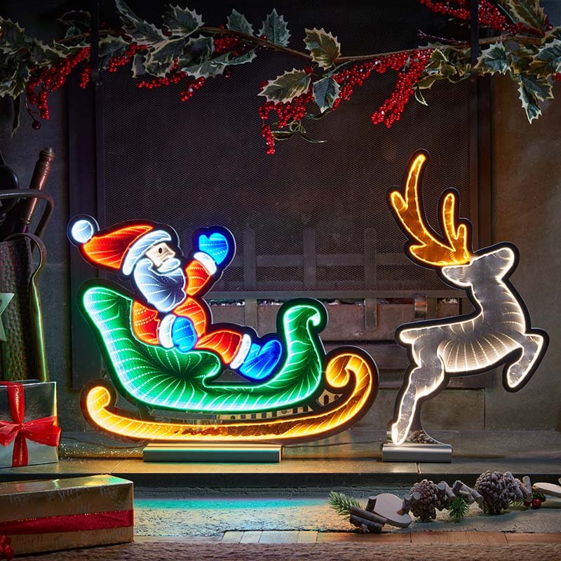 Smart Garden InfiniSantaSleigh 75cm low voltage infinity light illuminated on a Christmas display