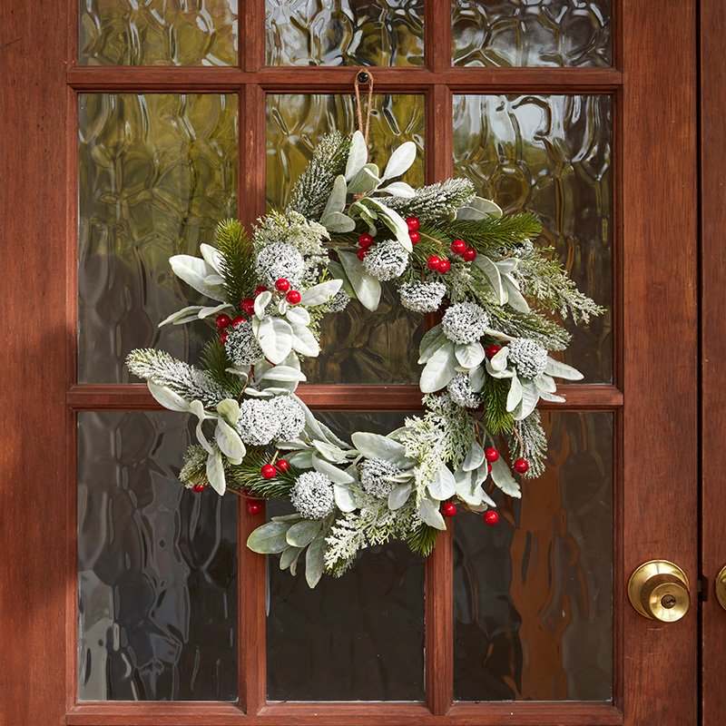 Smart Garden FrostBerry Wreath 40cm with frosted berries and winter foliage hanging on a front door