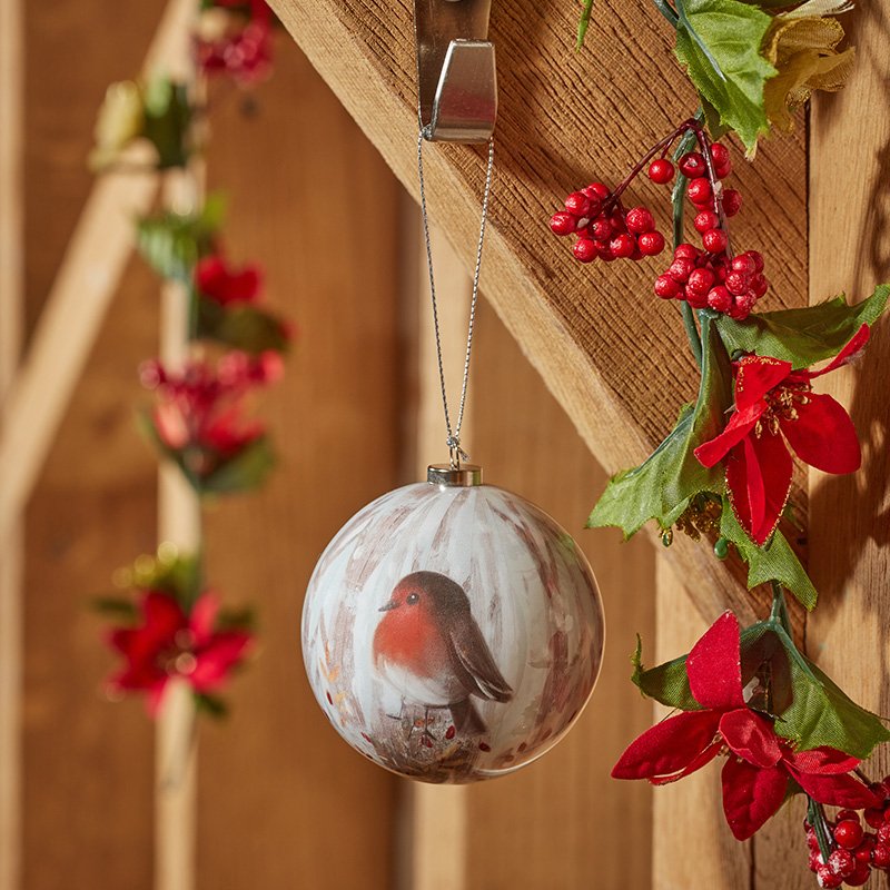 Smart Garden Vintage Robin Bauble Christmas ornament hanging on a festive tree branch