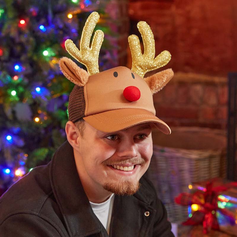 Smart Garden Rudy Cap novelty Christmas reindeer hat with glittery gold antlers and a plush red nose