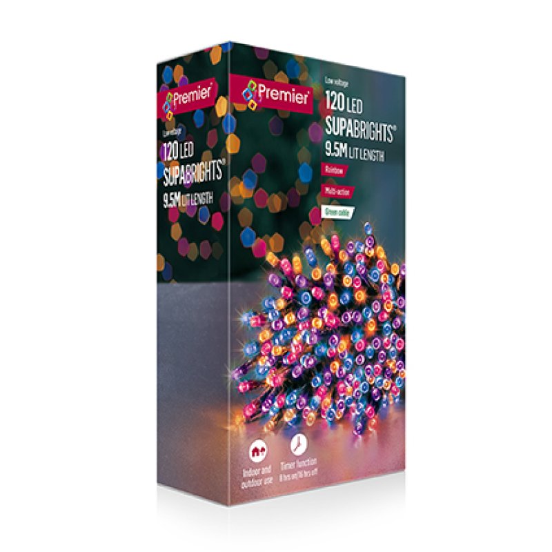 Premier 120 Multi Action Rainbow LED Supabrights with Timer woven around a small Christmas tree