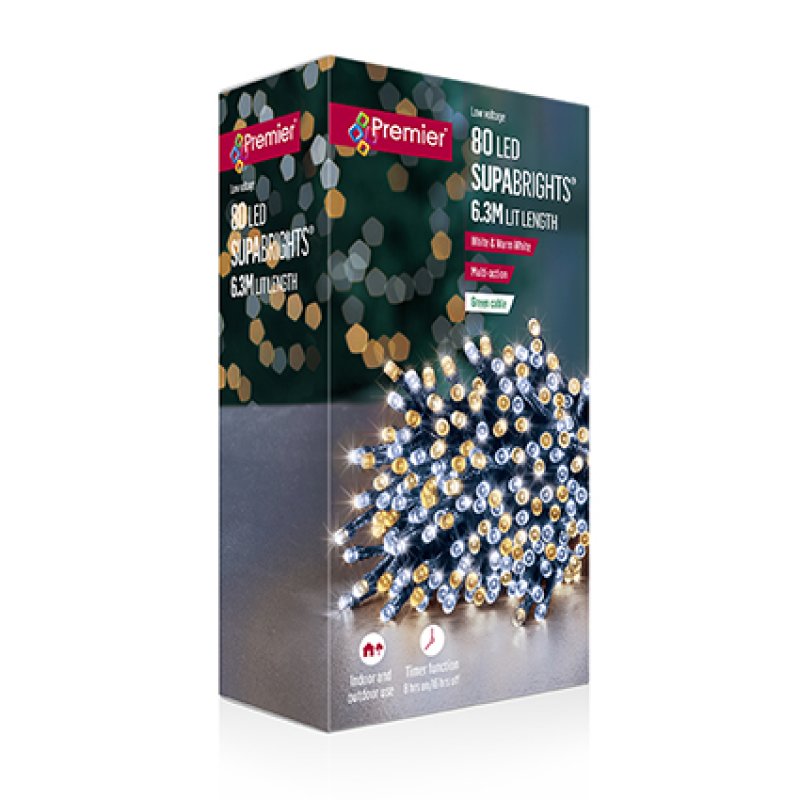 Premier 80 Multi Action White & Warm White LED Supabrights with Timer wrapped around a Christmas wreath