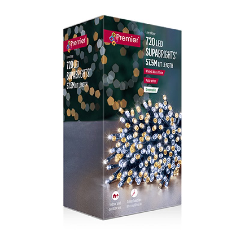 Premier 720 Multi Action Warm White LED Supabrights with Timer illuminated on an evergreen garland