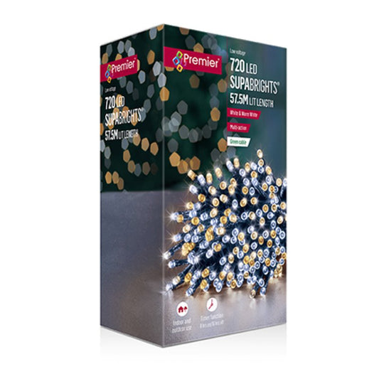 Premier 720 Multi Action Warm White LED Supabrights with Timer illuminated on an evergreen garland