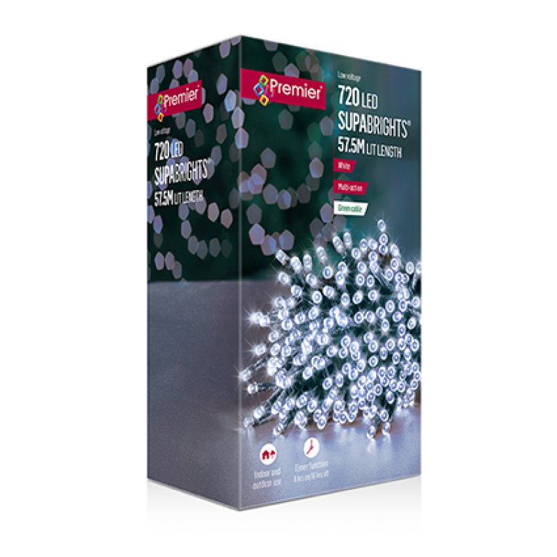 Premier 720 Multi Action White LED Supabrights with Timer illuminated on an outdoor Christmas tree