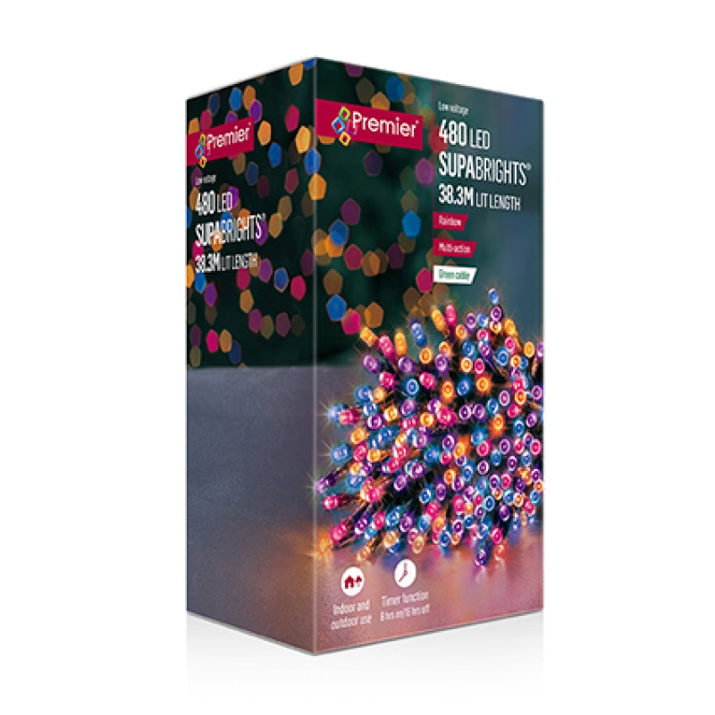 Premier 480 Multi Action Rainbow LED Supabrights with Timer displayed on a Christmas tree