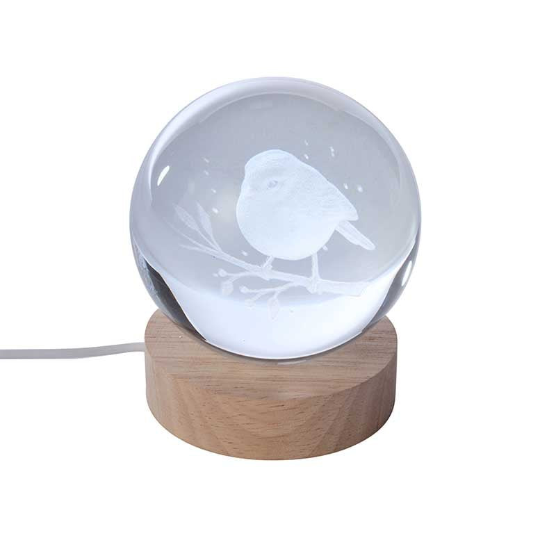 Smart Garden InLit GloBall Robin indoor light display illuminated on a mantelpiece