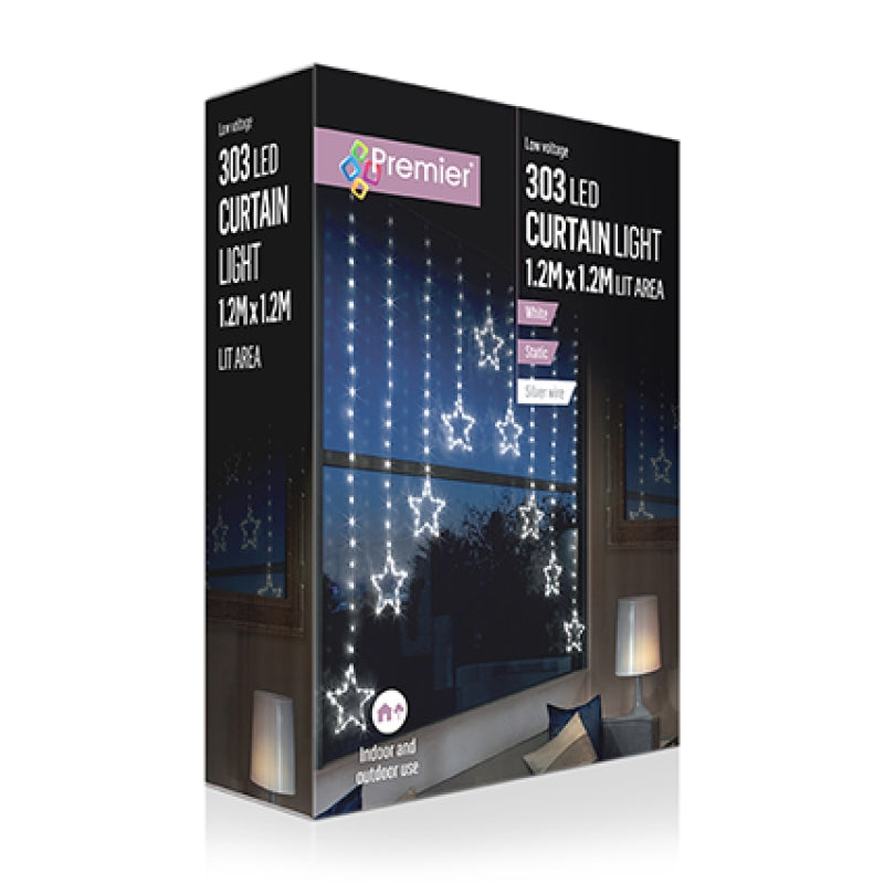 Premier 1.2m x 1.2m pin wire star V curtain light set with 303 bright white LEDs