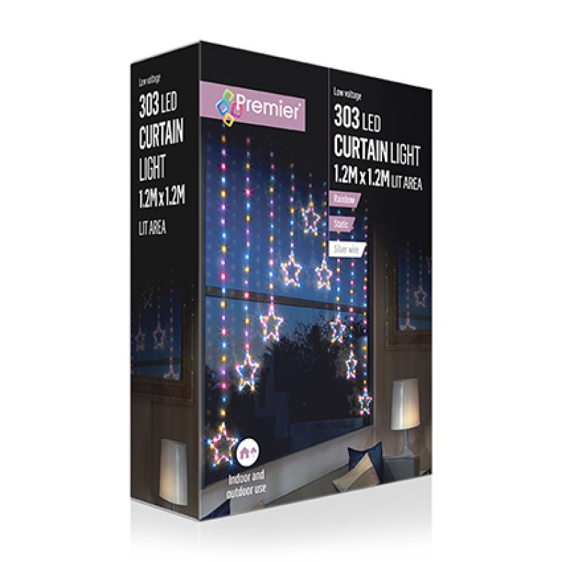 Premier 1.2m x 1.2m pin wire star V curtain lights with 303 rainbow multi-coloured LEDs