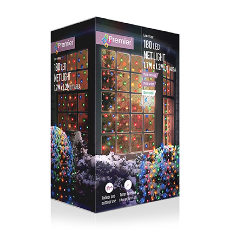 Premier 1.75m x 1.2m multi action multi-colour 180 LED net lights draped over a garden hedge