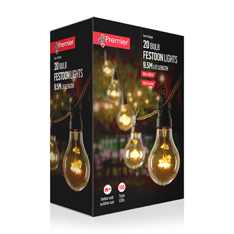 Premier 20 non-connectable festoon light string with warm white LED bulbs hanging on a garden patio