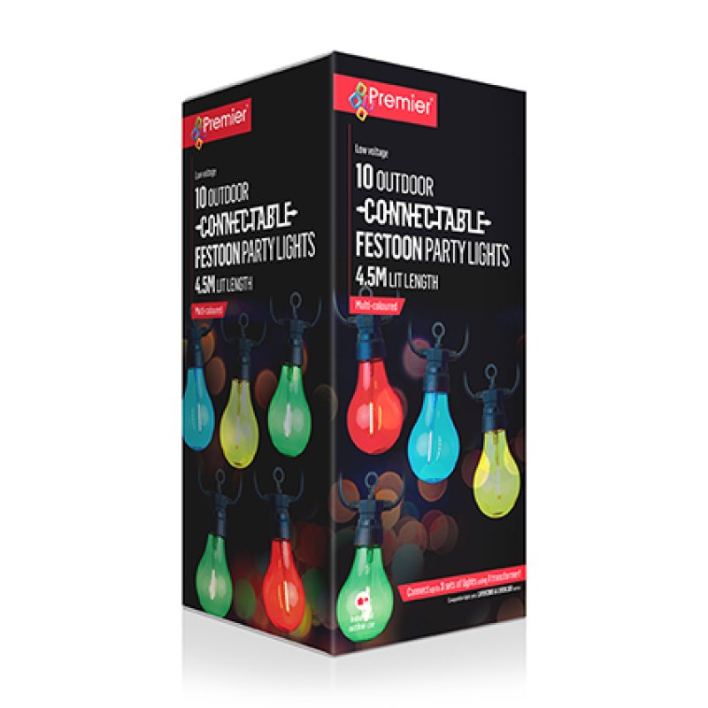 Premier 20 non-connectable festoon light string with multi coloured LED bulbs hanging in a garden setting