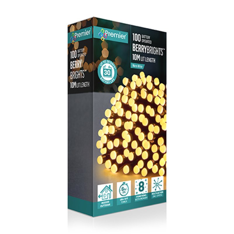Premier 100 multi action warm white LED berry lights with timer for indoor and outdoor Christmas tree decoration