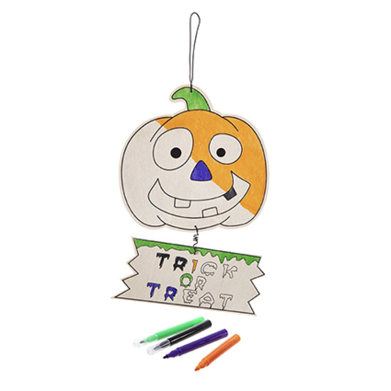 Premier 20.5cm wooden Halloween hanging decoration set featuring a printable outline and four coloured marker pens.
