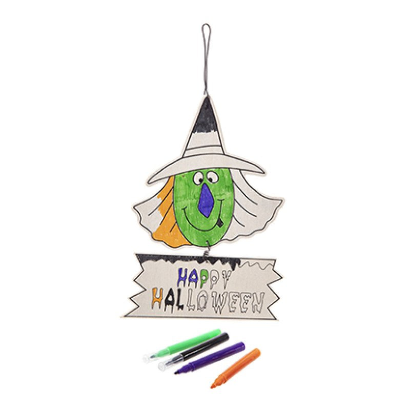 Premier 20.5cm wooden witch and happy halloween hanging sign set featuring a printable outline and four coloured marker pens.