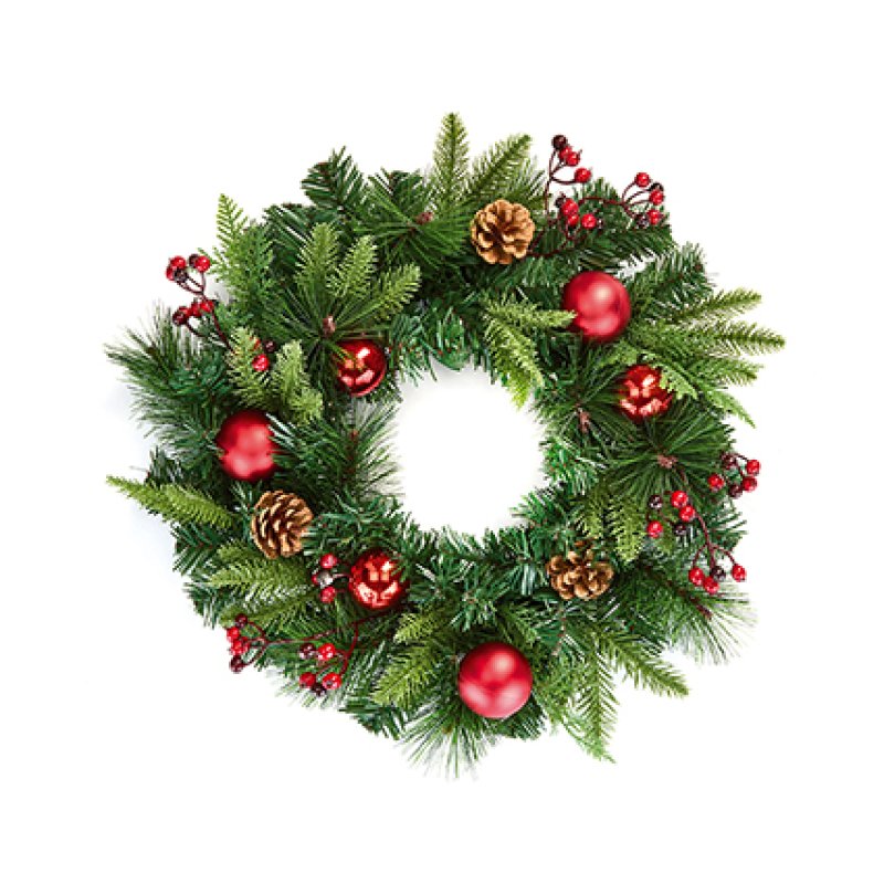 Premier Red Dressed Wreath 40cm with red baubles and pinecones hanging on a door