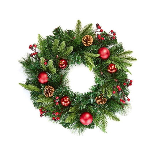 Premier Red Dressed Wreath 40cm with red baubles and pinecones hanging on a door