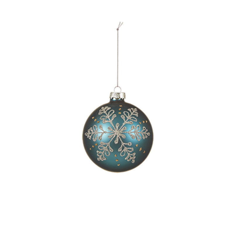 Premier 80mm matt blue glass bauble with white glitter snowflake design