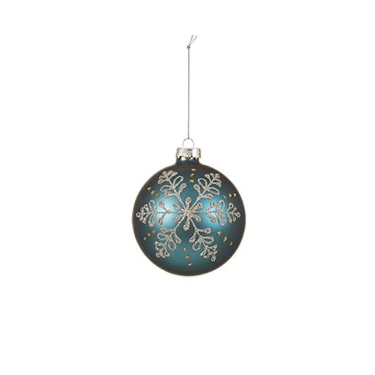 Premier 80mm matt blue glass bauble with white glitter snowflake design