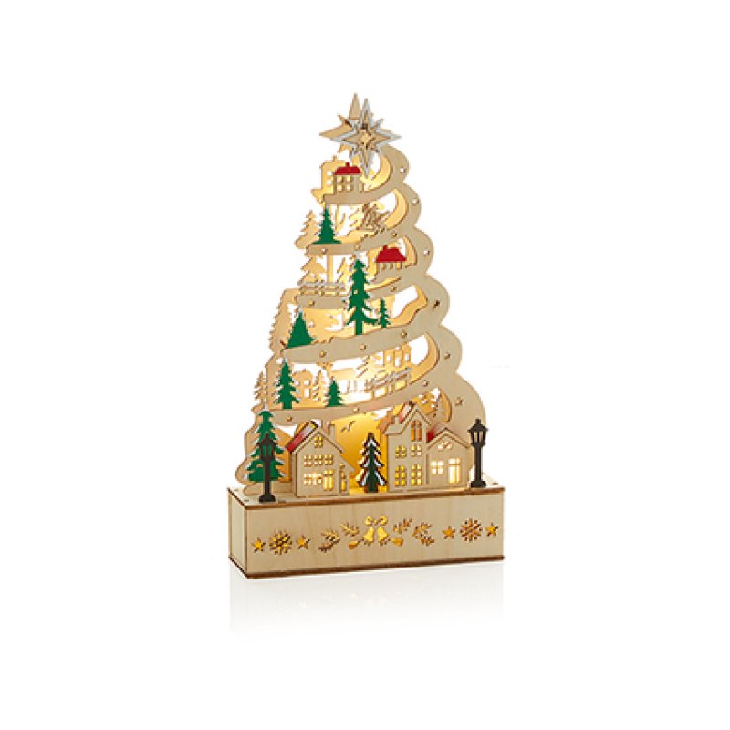 Premier 26.5cm wooden Christmas tree with 26 warm LED lights illuminating a winter house scene