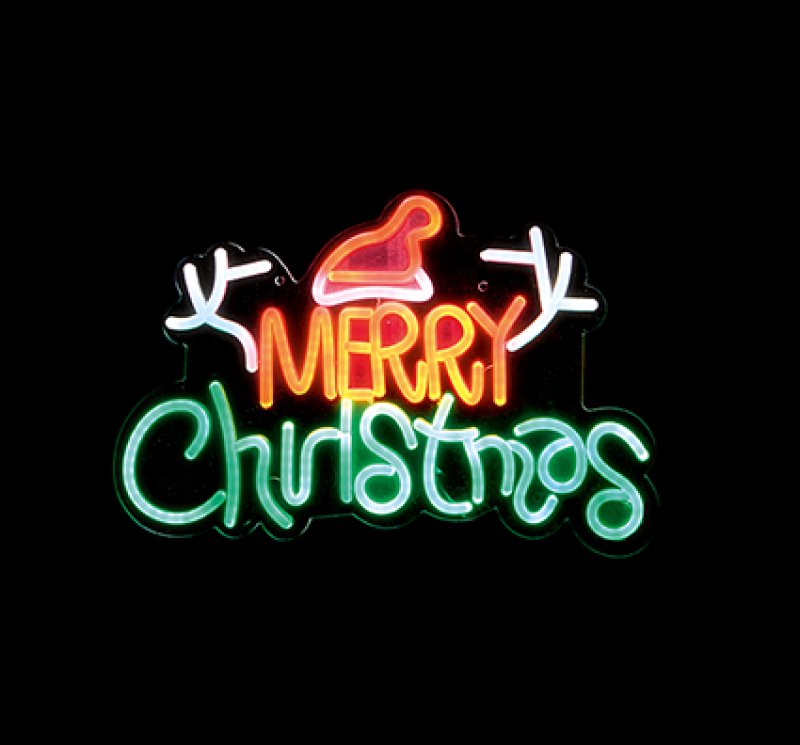 Premier 40cm USB lit Merry Christmas neon hanging sign with Santa hat glowing in green, red, and orange.