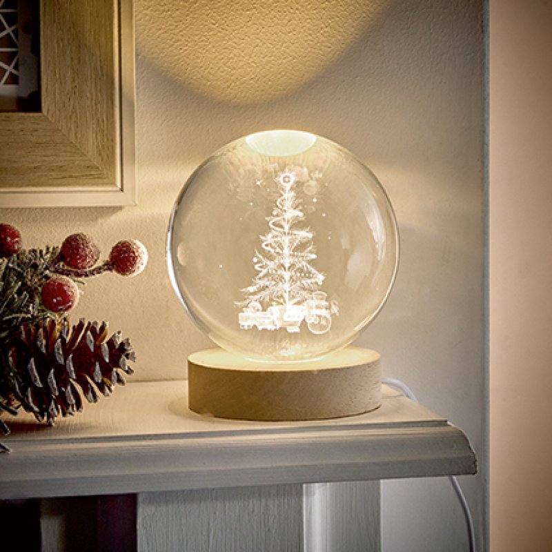 Premier 10cm USB lit etched glass ball featuring a Christmas tree design with warm white LED lighting