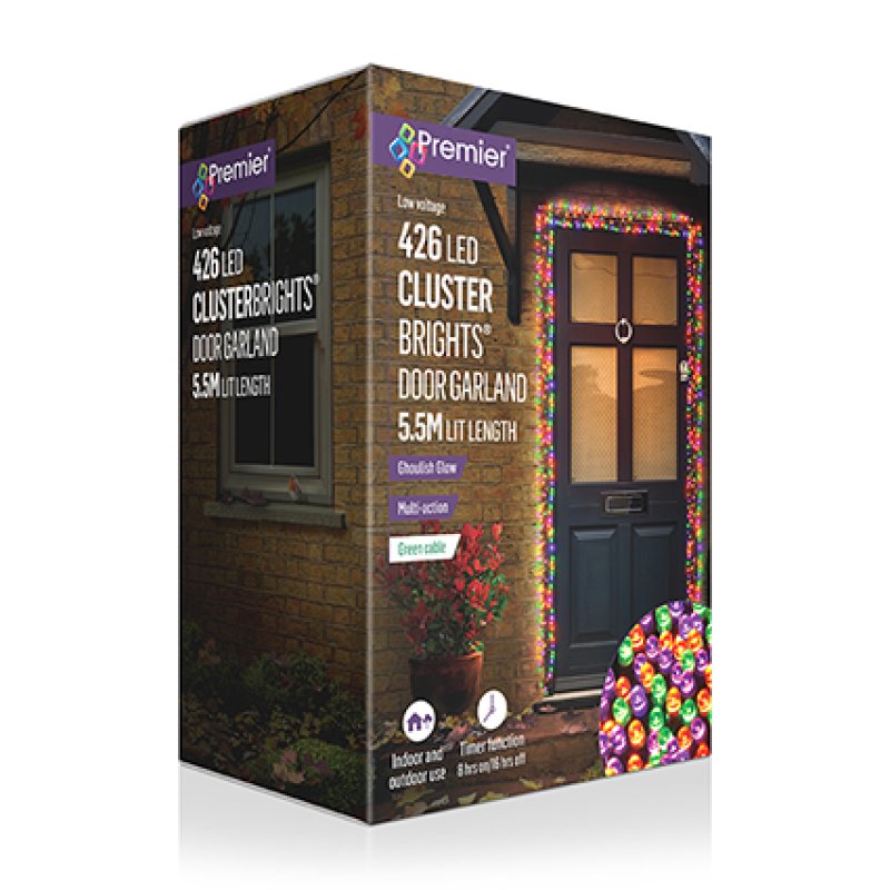 Premier 5.5m cluster garland with 426 LEDs draped around a front door frame glowing brightly