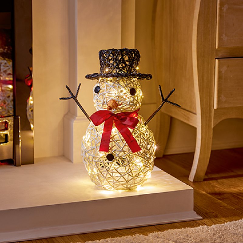 Premier 39cm battery operated rattan look snowman christmas light with 50 warm white LEDs