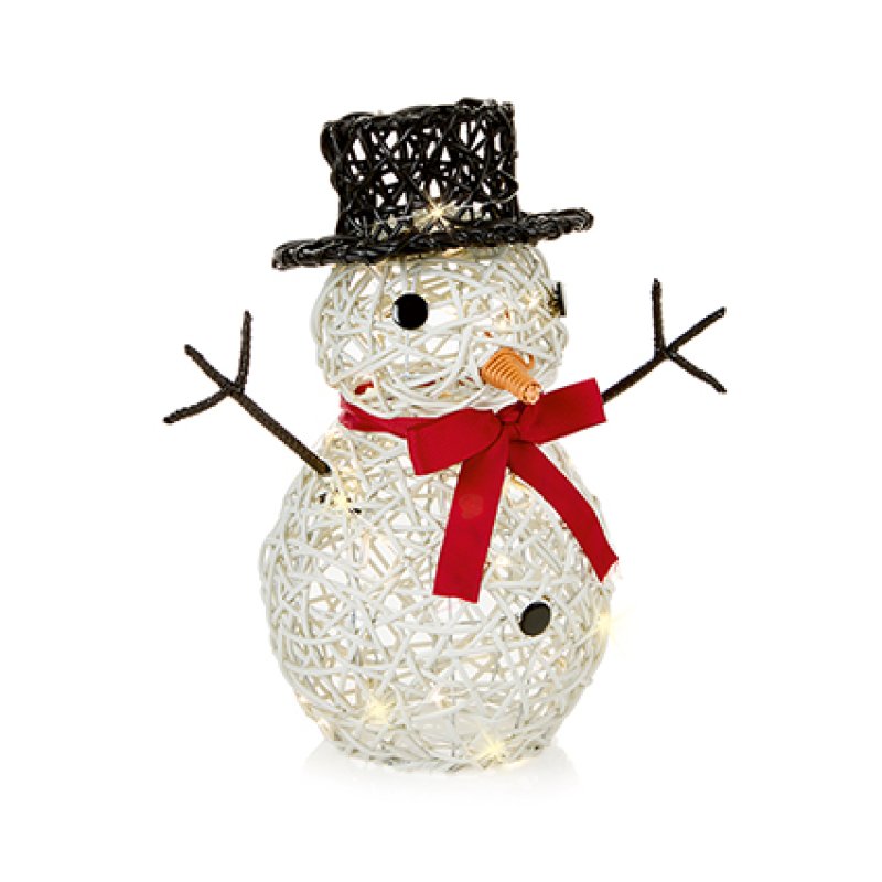 Premier 39cm battery operated rattan look snowman christmas light with 50 warm white LEDs