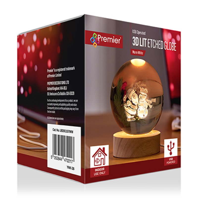 Premier 10cm USB powered etched glass ball Christmas decoration with warm white LED light and Santa snowman scene