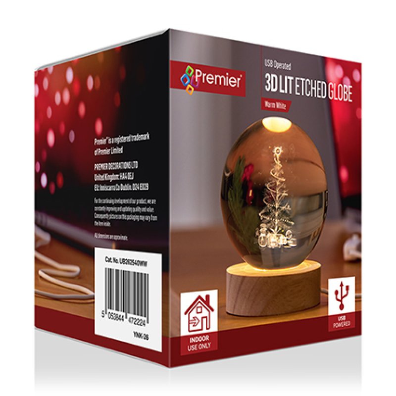 Premier 10cm USB lit etched glass ball featuring a Christmas tree design with warm white LED lighting