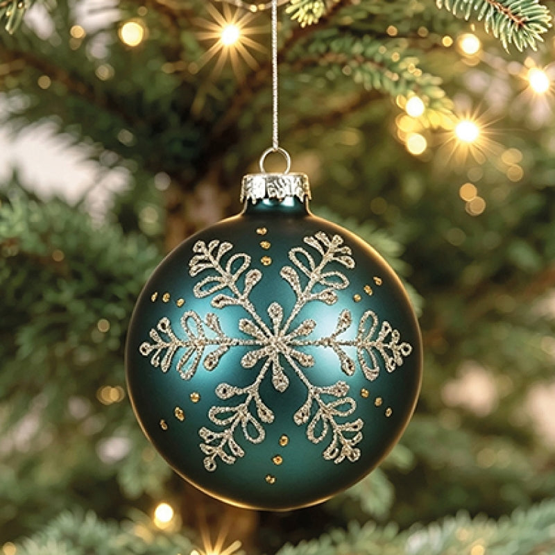 Premier 80mm matt blue glass bauble with white glitter snowflake design