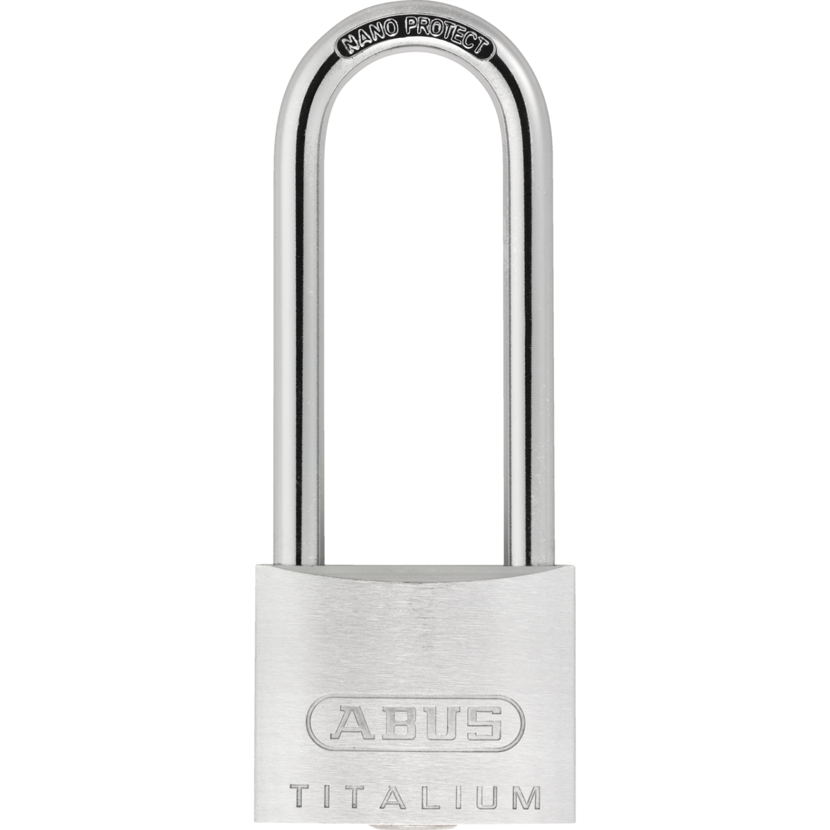 ABUS 64TI 40mm TITALIUM padlock showing silver aluminum body and 63mm long steel shackle