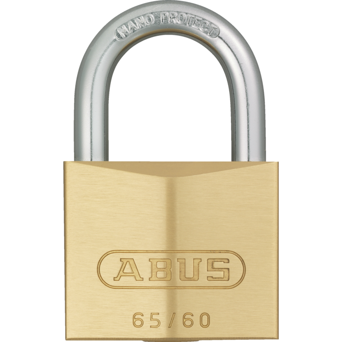 ABUS 65/60 solid brass 60mm keyed padlock showing hardened steel shackle and brand stamp