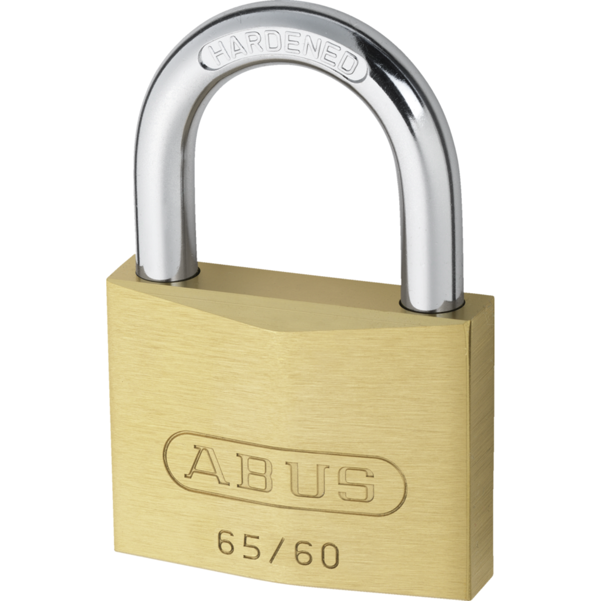 ABUS 65/60 solid brass 60mm keyed padlock showing hardened steel shackle and brand stamp