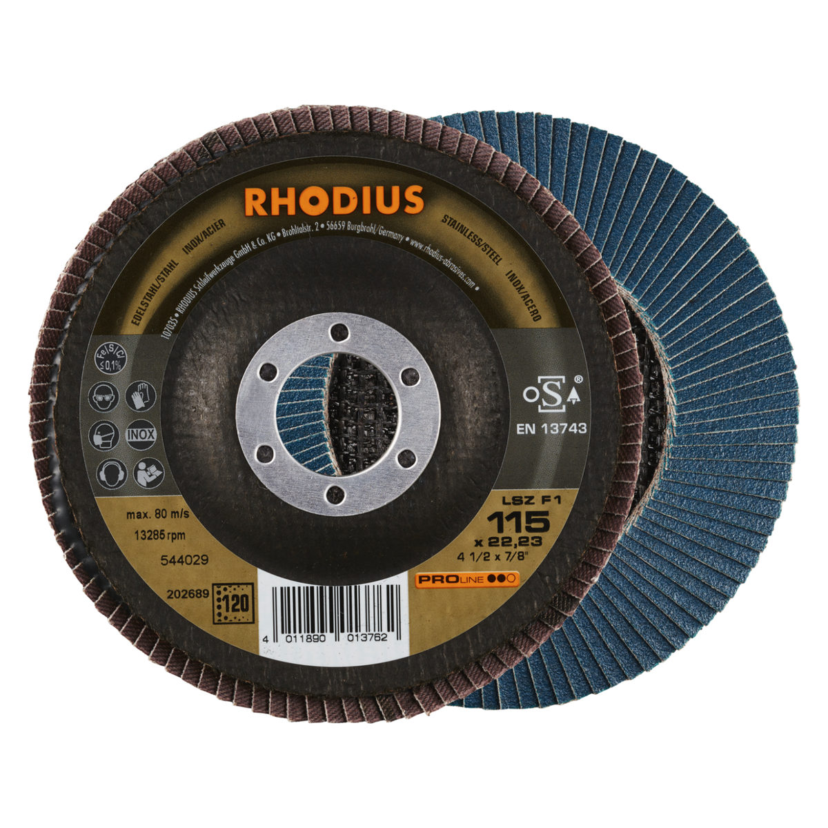 Rhodius 115mm x 22.23mm 120 grit flap disc for angle grinders