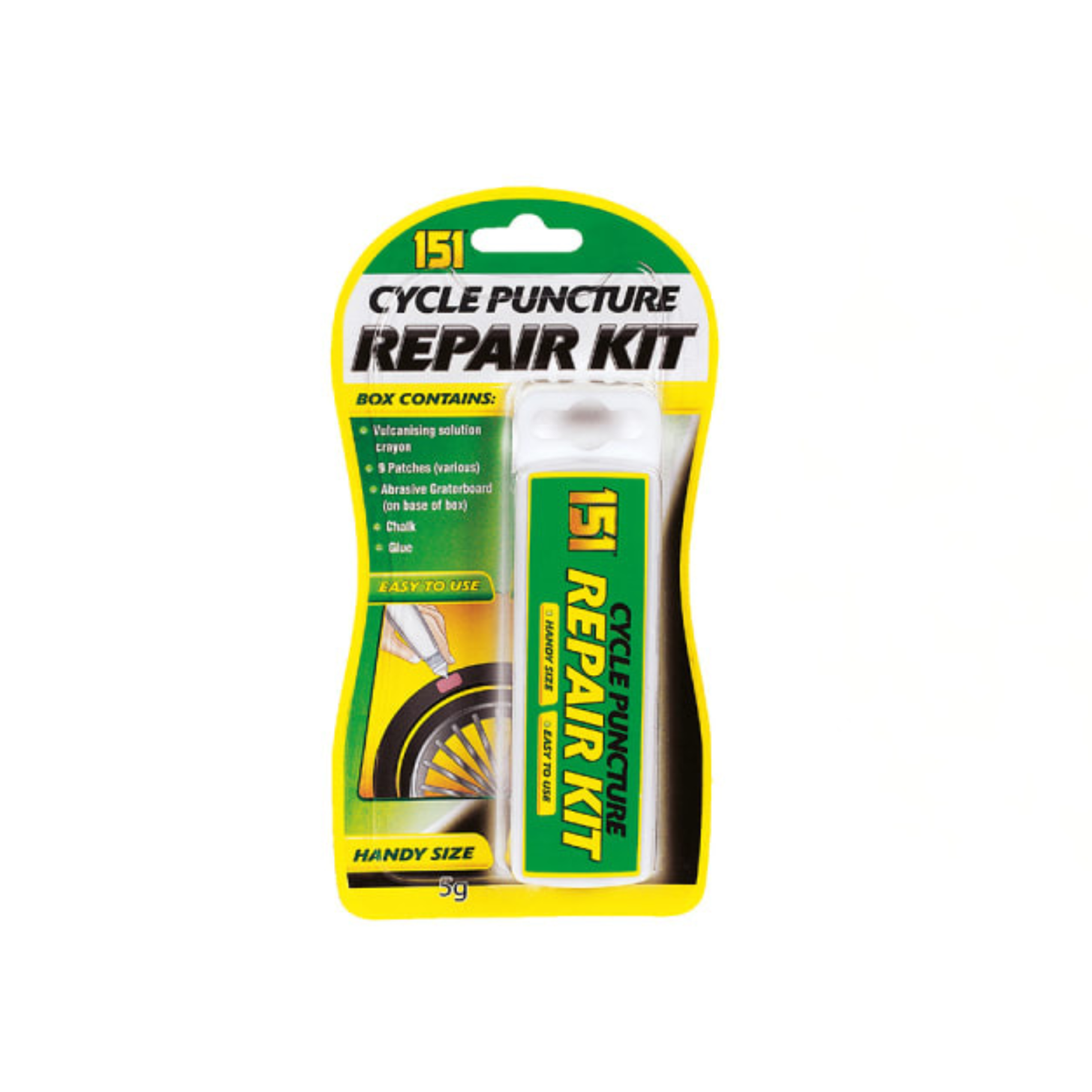151 cycle puncture repair kit set with patches, glue, and tyre levers in compact case